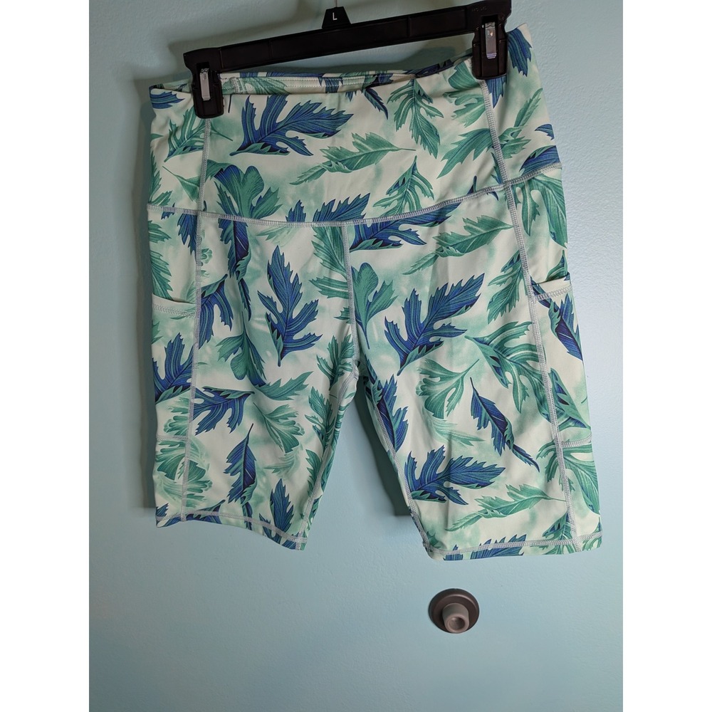 Oalka Womens Tropical Leaf Print High Waisted Biker Shorts with Pockets Green L